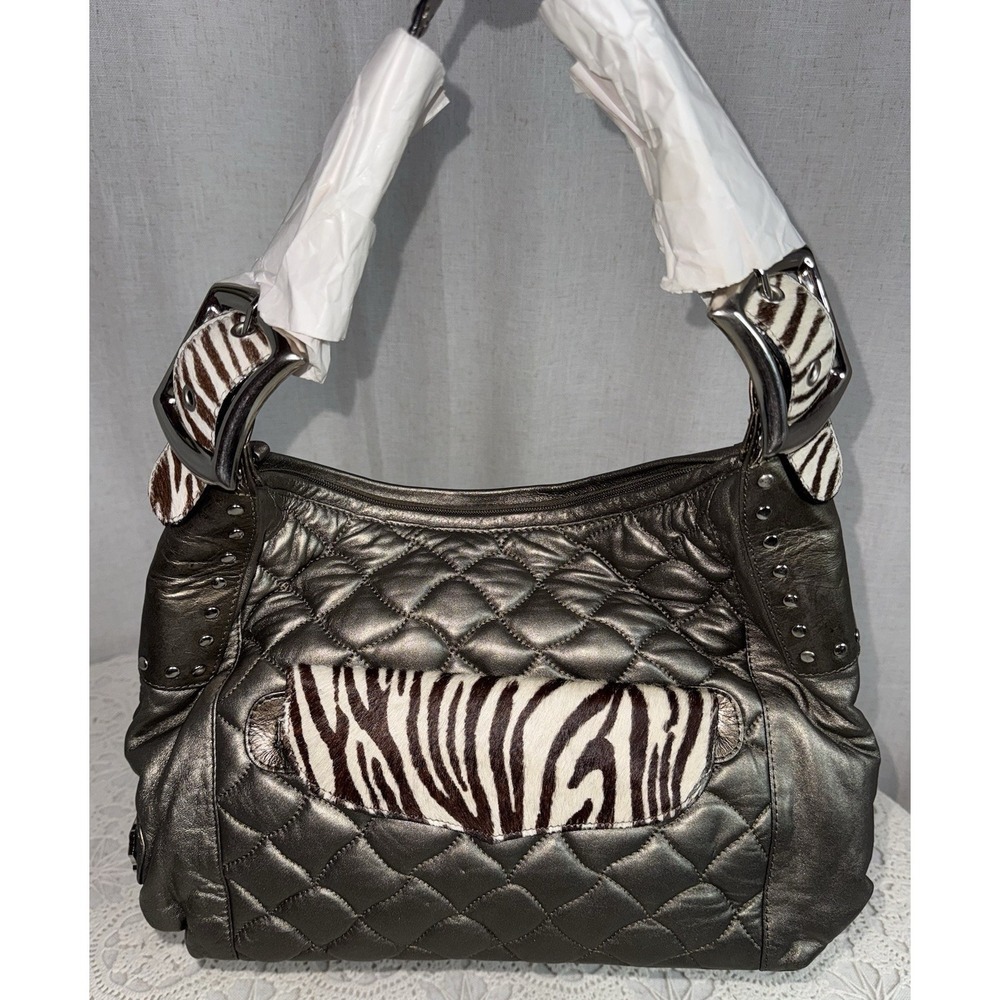 NEW Carlos Falchi Chi Purse Quilted Metallic Zebra Calf Hair Hobo Shoulder Bag